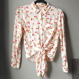 Love Notes Anthropologie Cherry Print Tie Front Button Down Shirt S